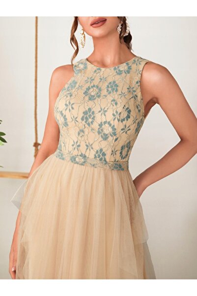 NO BRAND Rochie de cocktail bej, cu imperfecțiuni, croială în A, maxi, din da...