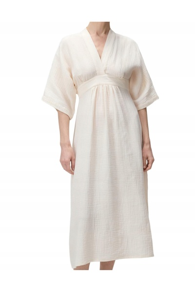 NO BRAND Rochie din bumbac tie-dye, lungime midi, crem deschis, cu mâneci tip...