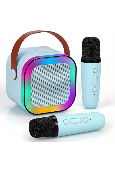 NO BRAND Set difuzor karaoke mini LED cu 2 microfoane K12 Bluetooth Albastru