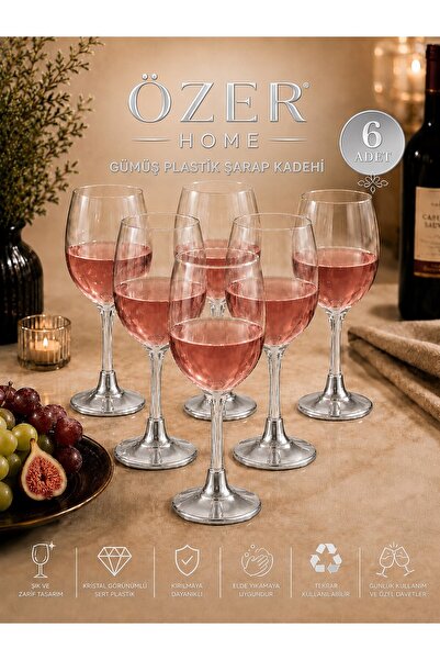 troykar ÖZER HOME 6'lı Gümüş Plastik Şarap Kadehi 185 ml Kristal Görünümlü Br...