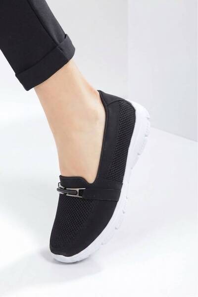 expres moda Women's Black-White Color Flexible Nylon Sole Full Orthopedic Buckle Daily Sports Ballet Shoes