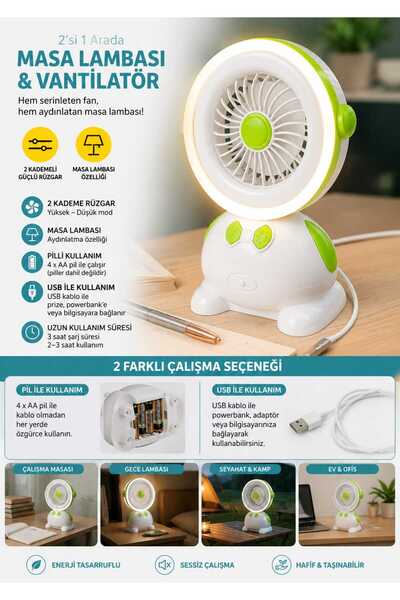 gaman HB-9906 Yeşil 2'si 1 Arada Şarjlı Ve Pilli Masaüstü LED Işık Gece Lamba...