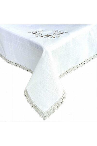 NO BRAND Față de masă brodată 052 Alb 140X280 Flori Bej