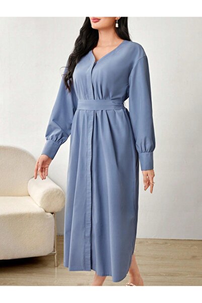 NO BRAND Rochie albastră midi, simplă, cu mânecă lungă, decolteu în V, uni, c...