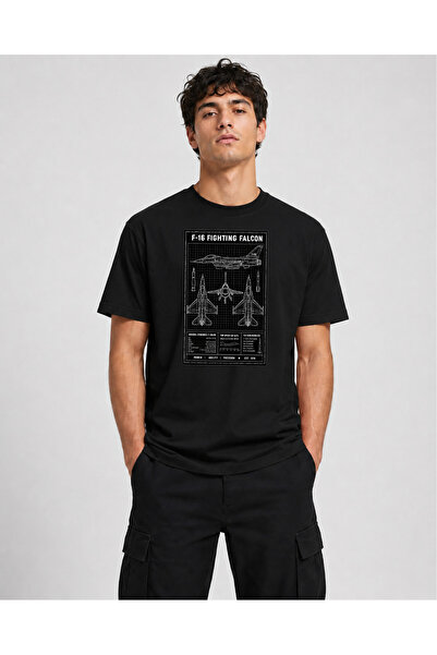 chaygoy Unisex Relaxed Fit Siyah Sıfır Yaka Tişört, F-16 Fighting Falcon Teknik Çizim Blueprint Baskılı