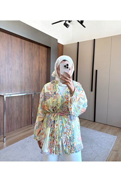 ensade Patterned Summer Hijab Kimono with Belt, Thin Fabric, Ruffle Detail, W...