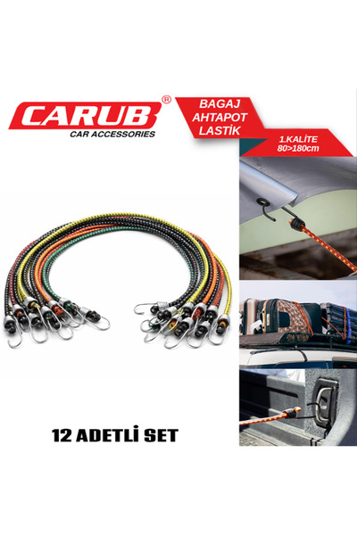 YTO BAGAJ AHTAPOT LASTİĞİ 12'Lİ SET 80-180 CM ELASTİK GERGİ İPİ KANCALI 1. KA...