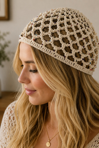 Modex Small Sequin Detail Mesh Hand Knitted Design Beanie