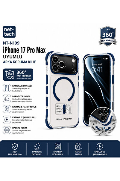 Nettech NT-N109 iPhone 17 Pro Max Uyumlu Magsafe Destekli Şeffaf Darbe Emici ...