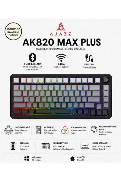 Ajazz AK820 MAX PLUS Kablosuz Mekanik Oyuncu Klavyesi RGB Hot-Swap 8000mAh