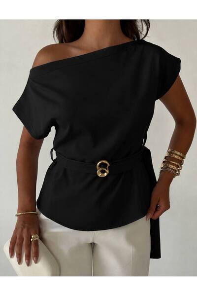 BNGL Boutique Asymmetrical Cut Gold Belt Detailed Blouse