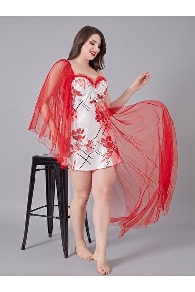 Lama Lingerie Kadın Kırmızı Çiçek Desenli Saten İp Askılı Mini Gecelik Ve Uzu...