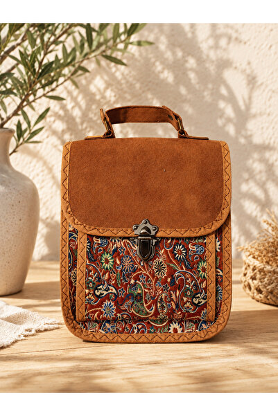 EdButikModa Vintage Etnik Desenli Kadın Omuz Çantası Süet Görünümlü Kapaklı B...