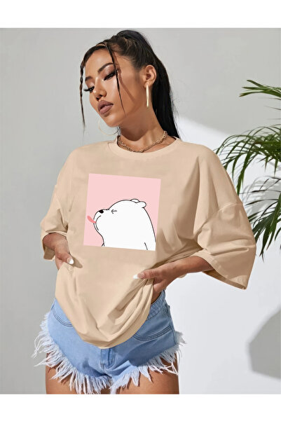 H&GHAMLEGİYİM Tongue-Out Dog Design Printed Oversize Combed Cotton T-Shirt