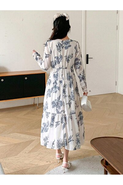 NO BRAND Rochie Midaxi cu mânecă lungă, Ecru, de cocktail, cu imprimeu floral...