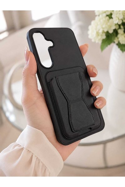 Case SAMSUNG S25FE Siyah Deri Standlı Kılıf