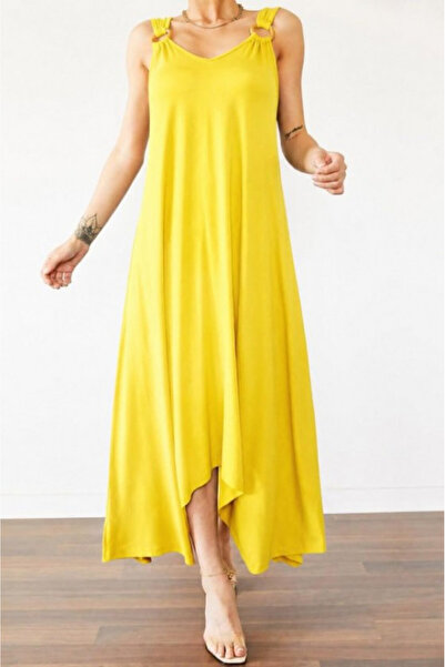 Efnaz style Women's Strappy V-Neck Viscose Maxi Dress with Ring Detail and As...