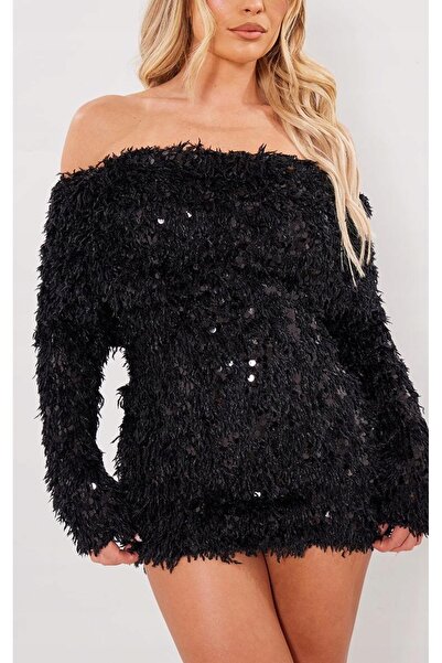 NO BRAND Rochie mini neagră cu paiete și pene, cu umerii goi, Prettylittlethi...