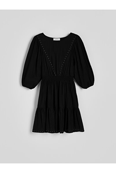 NO BRAND Rochie neagră, mâneci scurte, decolteu rotund, decorație Jet, mărime...