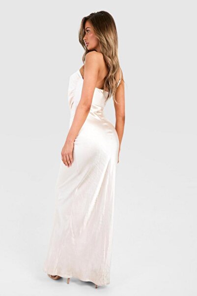 NO BRAND Boohoo 40 Rochie Maxi Bej Asimetrică Clasică Drapată din Satin