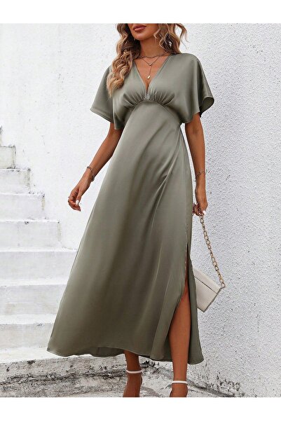 NO BRAND Rochie de cocktail maxi din satin neted, kaki, cu șliț, Shein 36