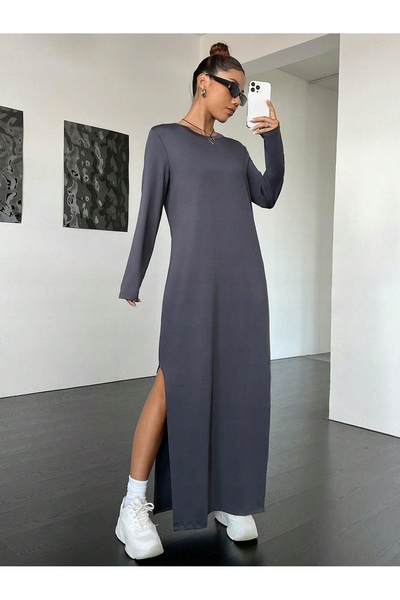 NO BRAND Rochie Prosta netedă gri închis clasică cu mânecă lungă Shein XS