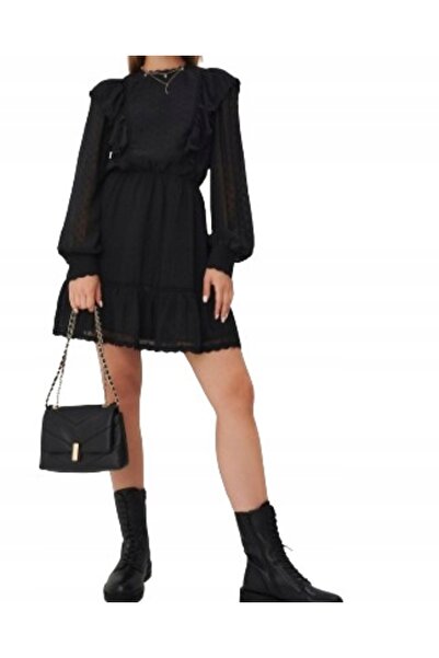NO BRAND Rochie mini neagră, cu mânecă lungă, cu volane, croială evazată, măr...