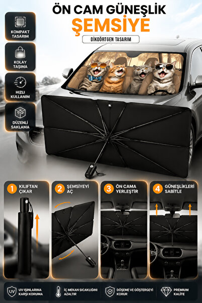 Saule Kedi Desenli Şemsiye Tip Araç Güneşliği Katlanabilir Oto Ön Cam UV Koru...