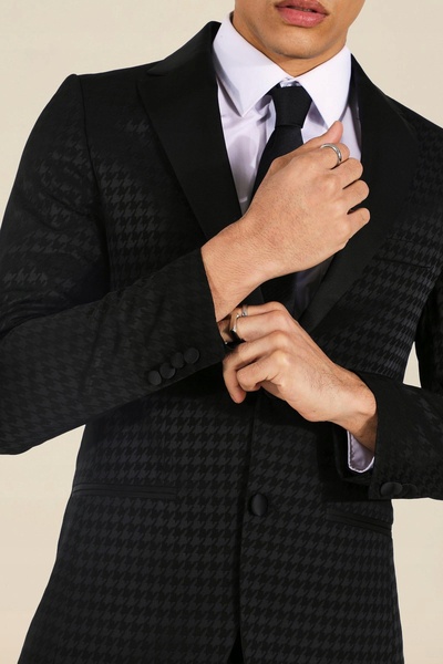 NO BRAND Sacou de costum negru din satin, la un rând de nasturi, cu model pep...