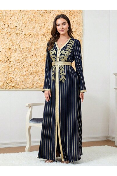 NO BRAND Rochie Maxi Clasică Simplă Bleumarin cu Broderie și Decorațiuni Auri...