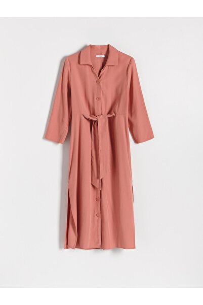NO BRAND Rochie dreaptă din viscoză, culoare somon, cu guler cu șnur, m