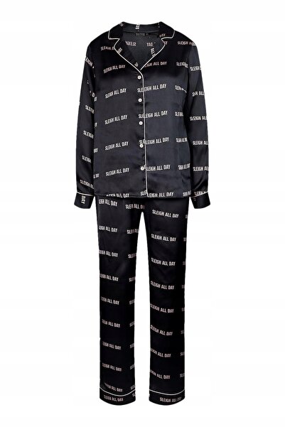 NO BRAND Cămașă neagră tip bluză de pijama, cu mânecă lungă, nasturi, inscrip...