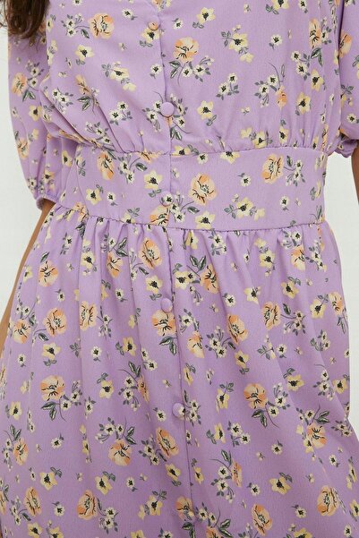 NO BRAND Rochie mov deschis, lungime midi, cu flori, decolteu în V, Dorothy P...