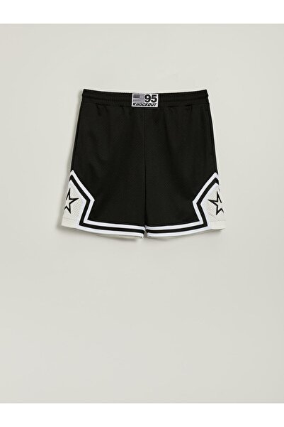 NO BRAND Pantaloni scurți negri cu inserții albe, broderie cu stele, talie el...
