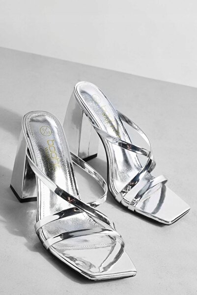 NO BRAND Sandale argintii cu toc metalic, stil glamour, Boohoo 37