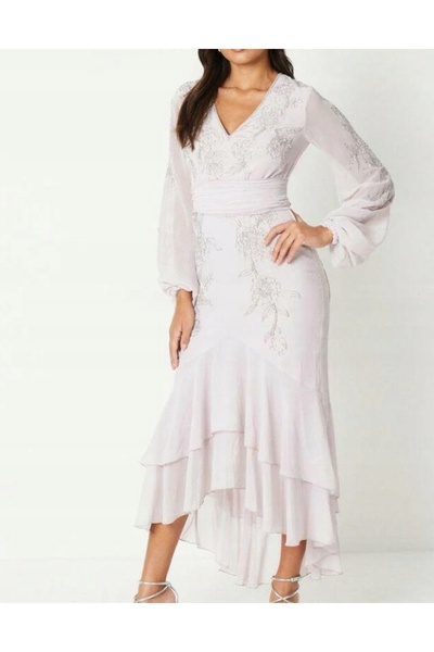NO BRAND Rochie albastru deschis cu mâneci lungi, decorațiuni, croială asimet...