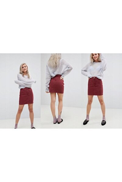 NO BRAND Fustă mini din denim bordo, mărimea 34 (petite)