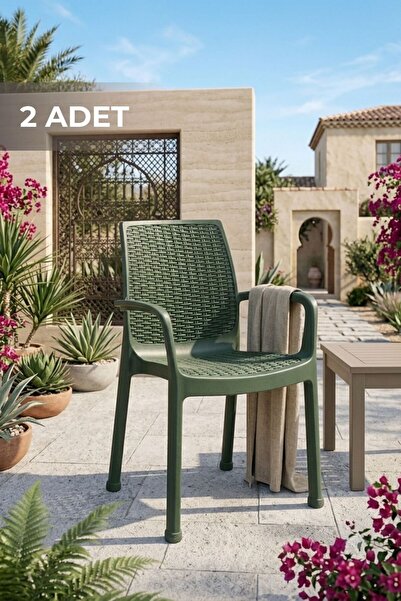 BAHAR BAHÇE PLASTİK EFES Rattan 2 Adet Plastik Bahçe ve Balkon Sandalyesi Yeşil