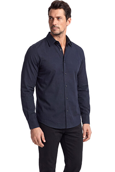 PAUL&SHARK Men's Regular Fit Wool-Blend Woven Fabric Long Sleeve Navy Blue Shirt