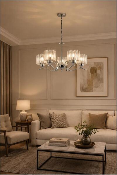 Elizim Home Lighting Krom Line 5'li Modern Cam'lı Sarkıt Avize - Salon, Oturm...