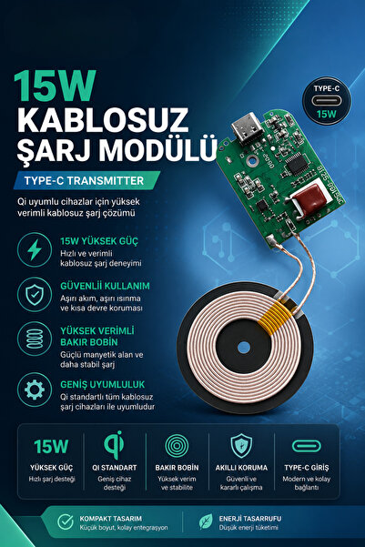 RoboPazar 15W Type-C Kablosuz Şarj Modülü – Qi Wireless Charging Verici Modülü