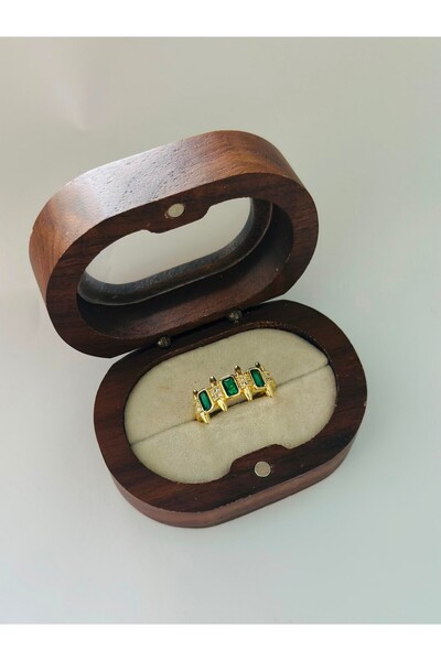 BYYEŞO Green Baguette Stone Detailed Steel Adjustable Ring