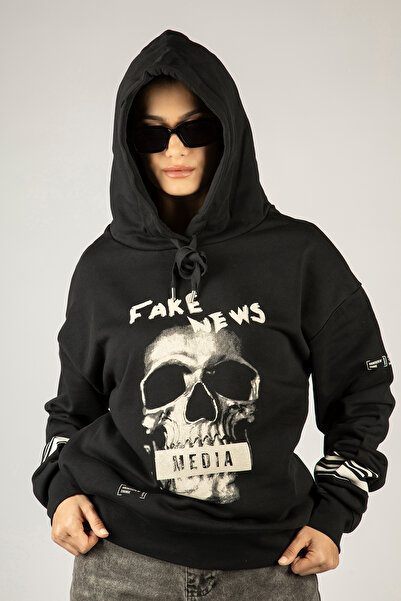 Unisex Oversize Kapüşonlu Sweatshirt Hoodie 3 İplik Pamuklu Siyah Fake News Baskılı