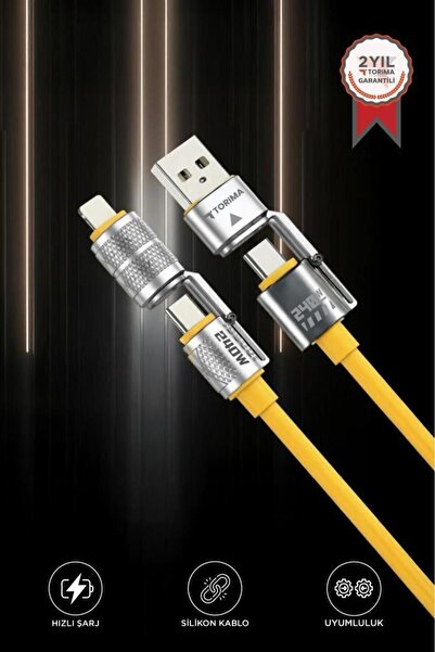 Torima U23 Sarı 4in1 Silikon 240W USB-A/Type-C Giriş,Type-C/Lightning Çıkış H...
