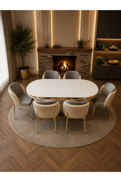 Concept Ayz Home Lara Gold Serisi Krem-A.Gri Kumaş 6 Kişilik 90×168 Oval Beya...