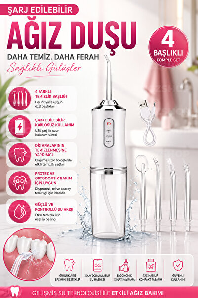 CNGZSHOP Şarj Edilebilir Ağız Duşu 4 Başlıklı Taşınabilir Diş Protez Bakım Ci...