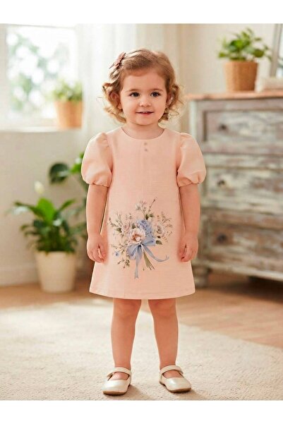 Minivo Kids Çiçek Buketi Detaylı Şık Somon Elbise