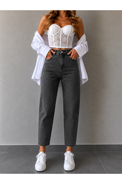 sion jeans Pantaloni negri Karyıkama Füme Mom Jeans Boy Friend, pentru purtar...