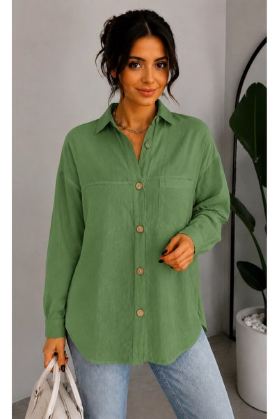 MetuCA Cămașă supradimensionată pentru femei, din bumbac și in, verde ulei, cu un singur buzunar, stil boem Pinterest