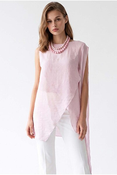 Mixray 2205 Women's Transparent Double-Breasted Cape Blouse Pink